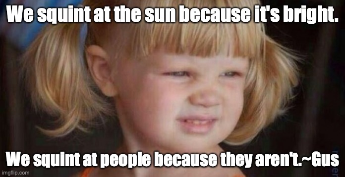 squinty | We squint at the sun because it's bright. We squint at people because they aren't.~Gus | image tagged in squinty | made w/ Imgflip meme maker