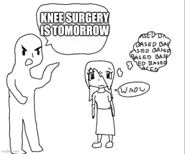 base bases based waow (blank) | KNEE SURGERY 
IS TOMORROW | image tagged in base bases based waow blank | made w/ Imgflip meme maker