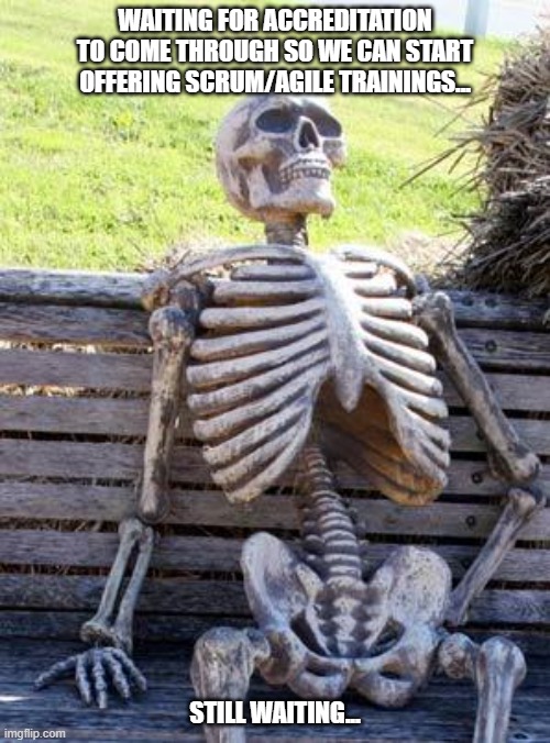 Waiting Skeleton | WAITING FOR ACCREDITATION TO COME THROUGH SO WE CAN START OFFERING SCRUM/AGILE TRAININGS... STILL WAITING... | image tagged in memes,waiting skeleton | made w/ Imgflip meme maker