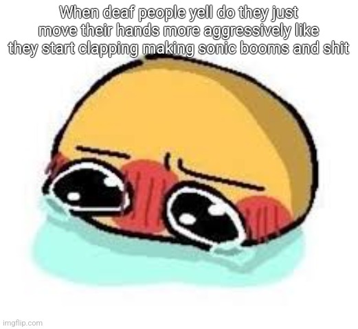 amb shamb bbbmba | When deaf people yell do they just move their hands more aggressively like they start clapping making sonic booms and shit | image tagged in amb shamb bbbmba | made w/ Imgflip meme maker