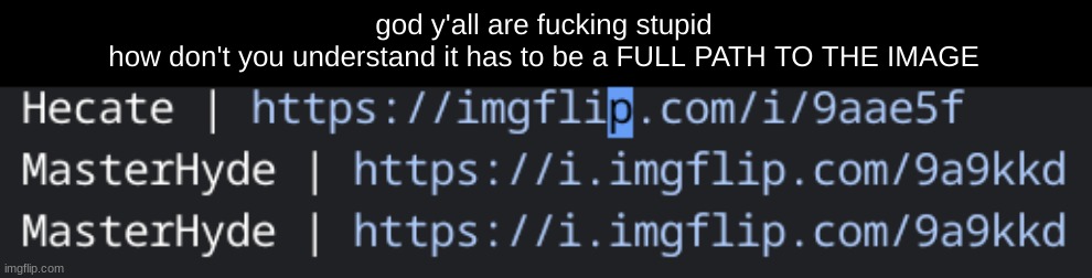 god y'all are fucking stupid

how don't you understand it has to be a FULL PATH TO THE IMAGE | made w/ Imgflip meme maker