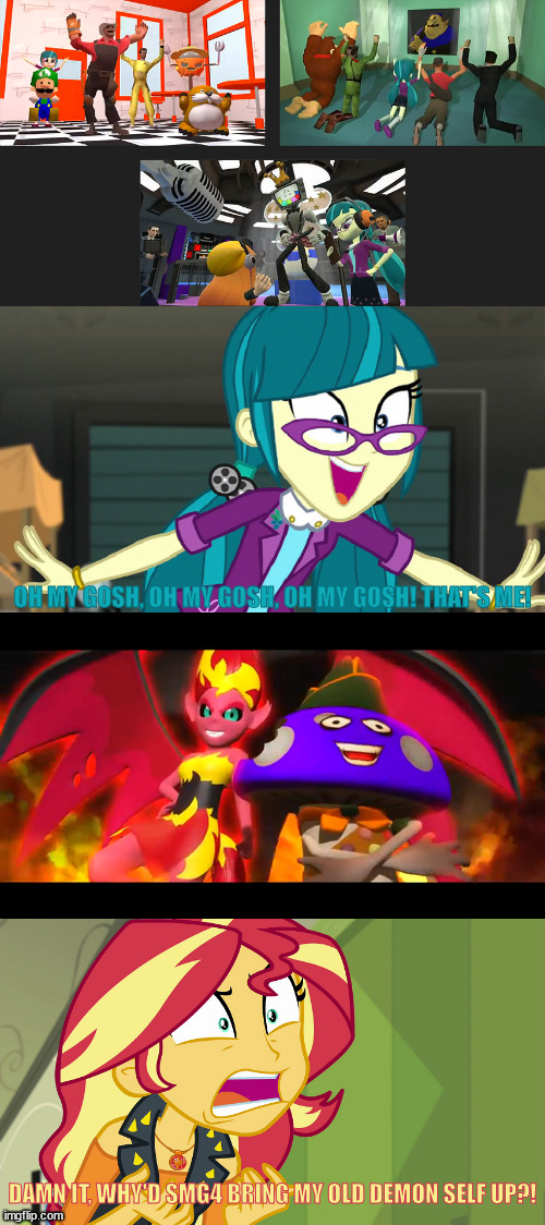 OH MY GOSH, OH MY GOSH, OH MY GOSH! THAT'S ME! DAMN IT, WHY'D SMG4 BRING MY OLD DEMON SELF UP?! | image tagged in equestria girls,sunset shimmer,juniper montage,smg4 | made w/ Imgflip meme maker