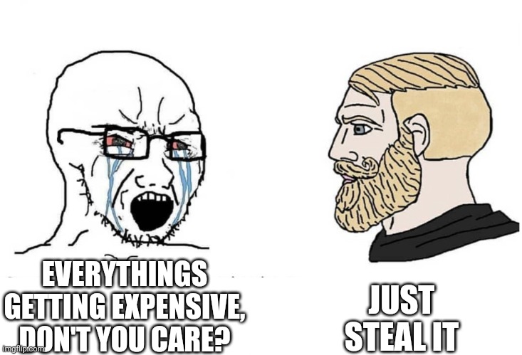 Soyboy Vs Yes Chad | EVERYTHINGS GETTING EXPENSIVE, DON'T YOU CARE? JUST STEAL IT | image tagged in soyboy vs yes chad | made w/ Imgflip meme maker