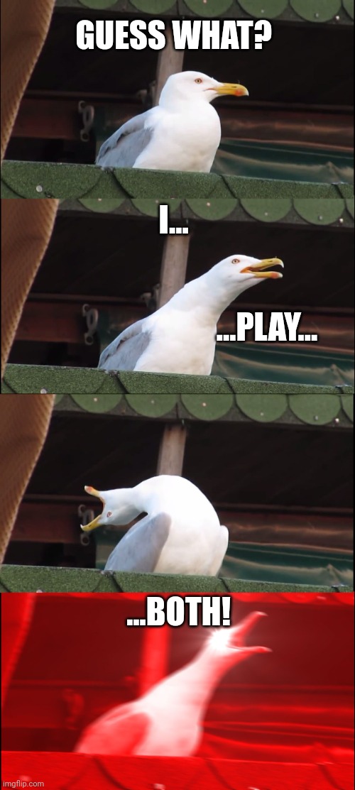 Inhaling Seagull Meme | GUESS WHAT? I... ...PLAY... ...BOTH! | image tagged in memes,inhaling seagull | made w/ Imgflip meme maker