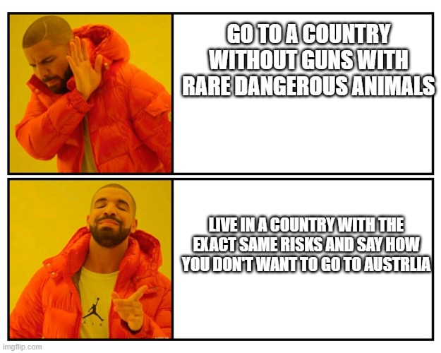 Australia | GO TO A COUNTRY WITHOUT GUNS WITH RARE DANGEROUS ANIMALS; LIVE IN A COUNTRY WITH THE EXACT SAME RISKS AND SAY HOW YOU DON'T WANT TO GO TO AUSTRLIA | image tagged in drake yes/no | made w/ Imgflip meme maker