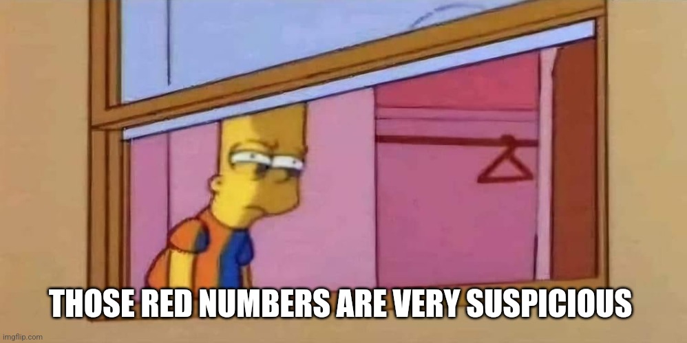 Bart suspicious | THOSE RED NUMBERS ARE VERY SUSPICIOUS | image tagged in bart suspicious | made w/ Imgflip meme maker