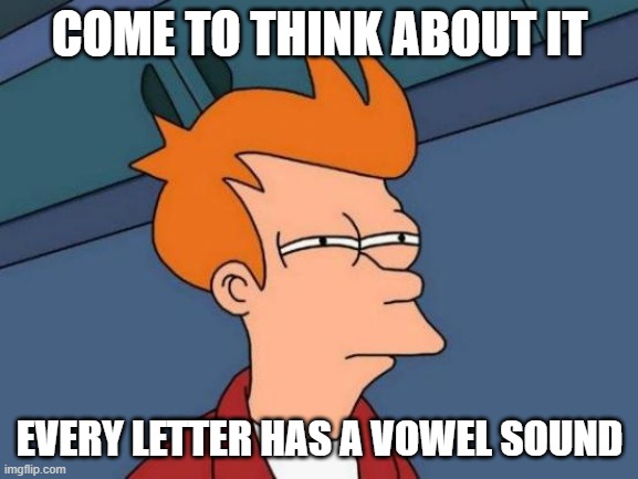 serendipity | COME TO THINK ABOUT IT; EVERY LETTER HAS A VOWEL SOUND | image tagged in memes,futurama fry | made w/ Imgflip meme maker