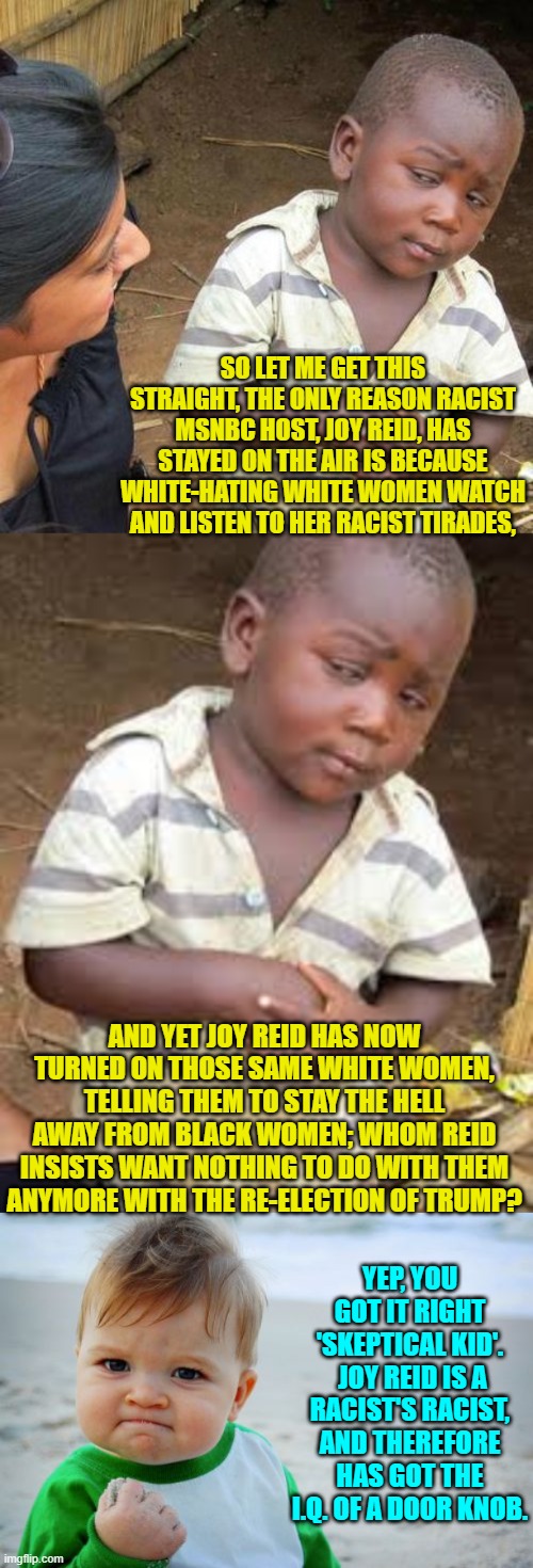 Drive away your own audience and then wonder WHY MSNBC fire's your rump. | SO LET ME GET THIS STRAIGHT, THE ONLY REASON RACIST MSNBC HOST, JOY REID, HAS STAYED ON THE AIR IS BECAUSE WHITE-HATING WHITE WOMEN WATCH AND LISTEN TO HER RACIST TIRADES, AND YET JOY REID HAS NOW TURNED ON THOSE SAME WHITE WOMEN, TELLING THEM TO STAY THE HELL AWAY FROM BLACK WOMEN; WHOM REID INSISTS WANT NOTHING TO DO WITH THEM ANYMORE WITH THE RE-ELECTION OF TRUMP? YEP, YOU GOT IT RIGHT 'SKEPTICAL KID'.  JOY REID IS A RACIST'S RACIST, AND THEREFORE HAS GOT THE I.Q. OF A DOOR KNOB. | image tagged in third world skeptical kid | made w/ Imgflip meme maker