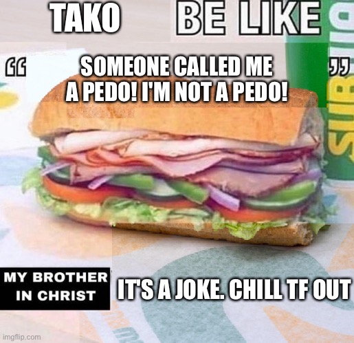 new temp | TAKO; SOMEONE CALLED ME A PEDO! I'M NOT A PEDO! IT'S A JOKE. CHILL TF OUT | image tagged in x be like x my brother in christ x | made w/ Imgflip meme maker