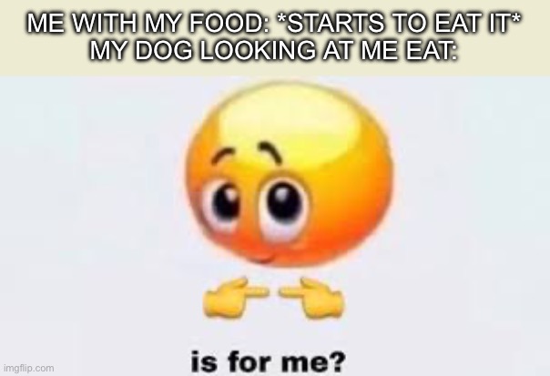 Is for me | ME WITH MY FOOD: *STARTS TO EAT IT*
MY DOG LOOKING AT ME EAT: | image tagged in is for me | made w/ Imgflip meme maker