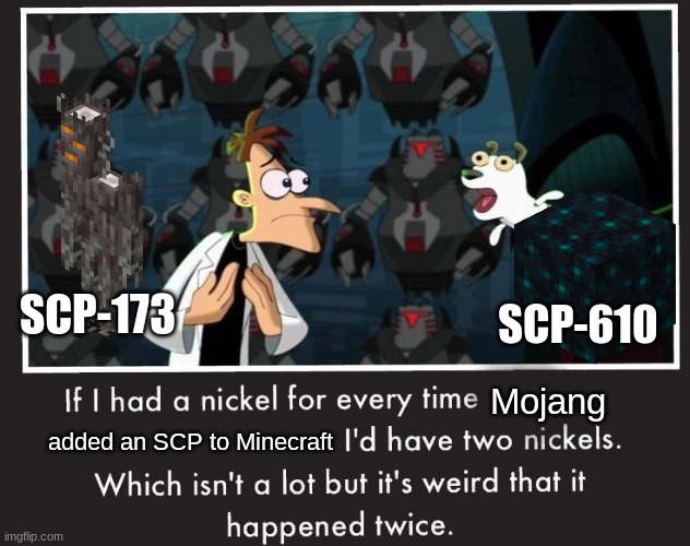 Mojang | SCP-173; SCP-610; Mojang; added an SCP to Minecraft | image tagged in doof if i had a nickel | made w/ Imgflip meme maker