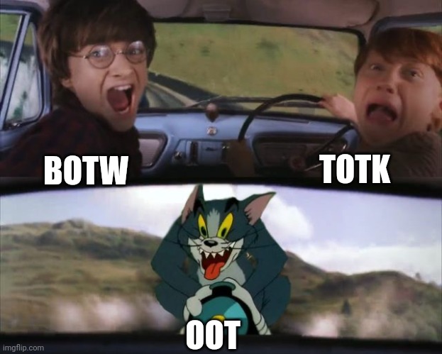 Tom chasing Harry and Ron Weasly | TOTK; BOTW; OOT | image tagged in tom chasing harry and ron weasly | made w/ Imgflip meme maker