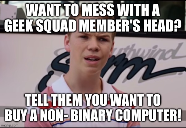 Non- binary computer | WANT TO MESS WITH A GEEK SQUAD MEMBER'S HEAD? TELL THEM YOU WANT TO BUY A NON- BINARY COMPUTER! | image tagged in you guys are getting paid,non binary,binary | made w/ Imgflip meme maker