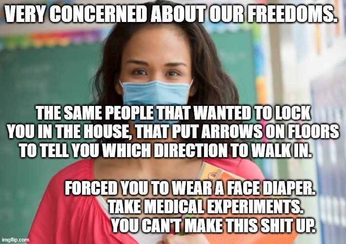 teacher in mask | VERY CONCERNED ABOUT OUR FREEDOMS. THE SAME PEOPLE THAT WANTED TO LOCK YOU IN THE HOUSE, THAT PUT ARROWS ON FLOORS TO TELL YOU WHICH DIRECTION TO WALK IN.                                                               FORCED YOU TO WEAR A FACE DIAPER.                      TAKE MEDICAL EXPERIMENTS.                            YOU CAN'T MAKE THIS SHIT UP. | image tagged in teacher in mask | made w/ Imgflip meme maker