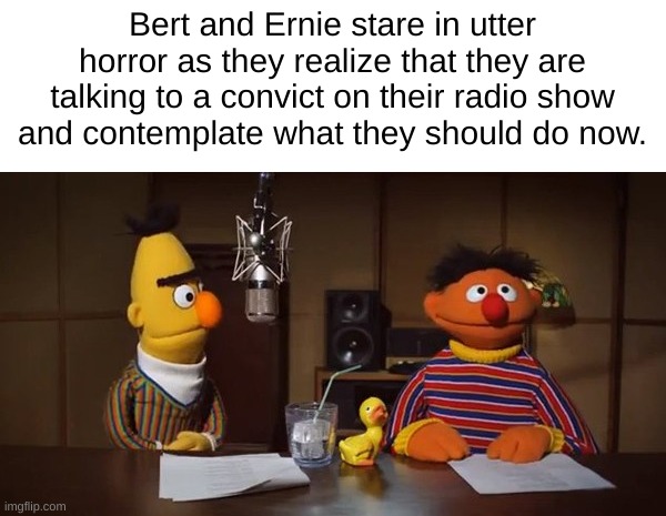 What happens in the Sesame Street Studio... | Bert and Ernie stare in utter horror as they realize that they are talking to a convict on their radio show and contemplate what they should do now. | image tagged in radio show host bert and ernie sesame street | made w/ Imgflip meme maker