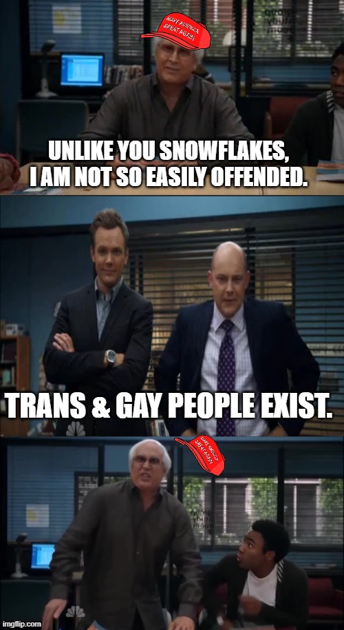 MAGA Snowflake | UNLIKE YOU SNOWFLAKES, I AM NOT SO EASILY OFFENDED. TRANS & GAY PEOPLE EXIST. | image tagged in maga snowflake | made w/ Imgflip meme maker