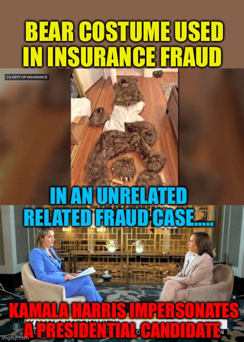 Democrats 2024 Candidate Fraud | BEAR COSTUME USED IN INSURANCE FRAUD; IN AN UNRELATED RELATED FRAUD CASE….. KAMALA HARRIS IMPERSONATES A PRESIDENTIAL CANDIDATE | image tagged in gifs,kamala harris,fraud,election fraud,voter fraud,democrats | made w/ Imgflip meme maker