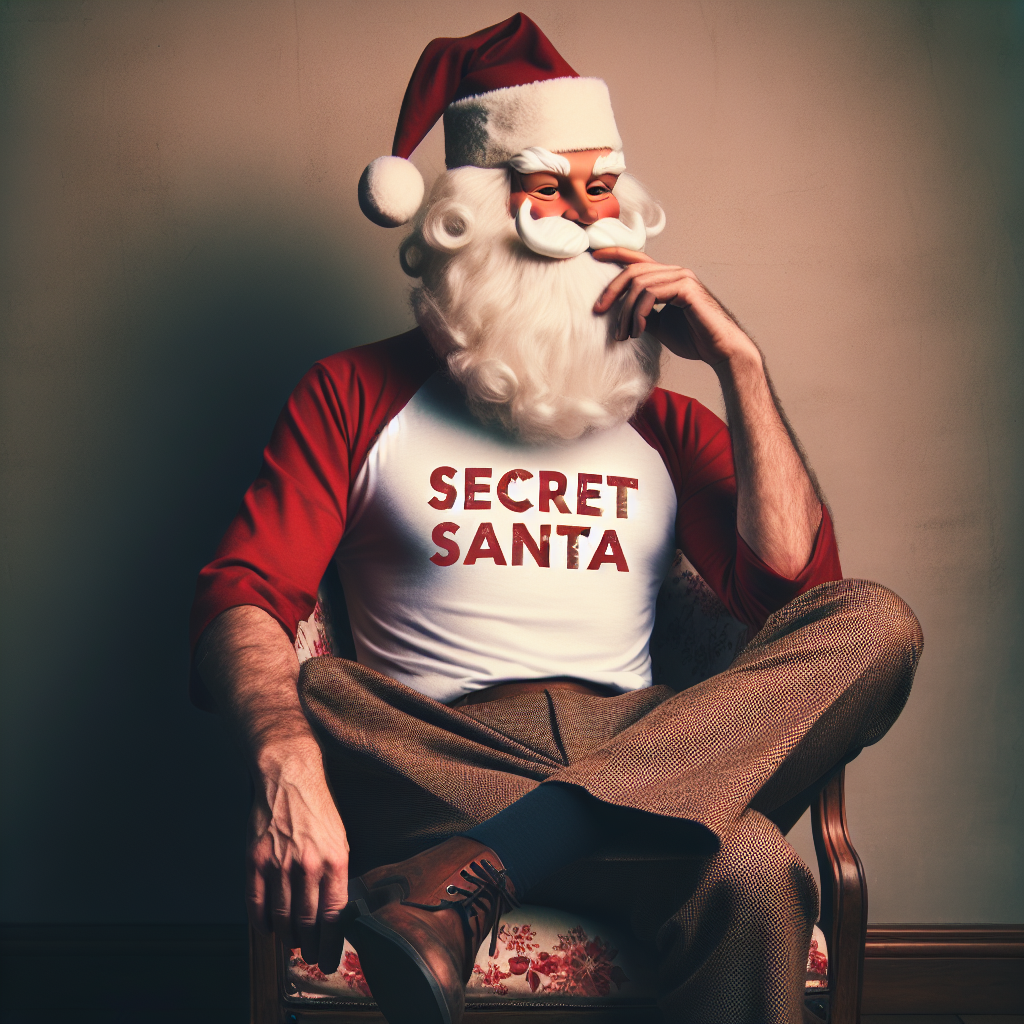 Santa sat wearing a t-shirt which reads "secret Santa" Blank Meme Template