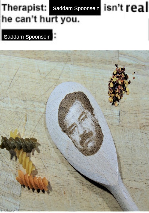 It cant hurt you | Saddam Spoonsein; Saddam Spoonsein | image tagged in it cant hurt you,spoon,cursed image,savior,nice | made w/ Imgflip meme maker