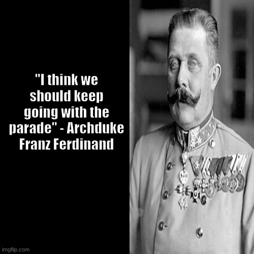 Not the smartest idea | "I think we should keep going with the parade" - Archduke Franz Ferdinand | image tagged in quote background,dark humor,ww1,dumb people | made w/ Imgflip meme maker