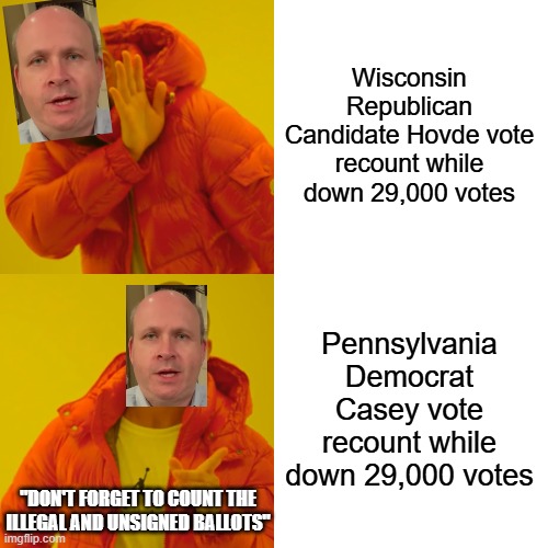 Marc Elias, Democrat scumbag Lawyer | Wisconsin Republican Candidate Hovde vote recount while down 29,000 votes; Pennsylvania Democrat Casey vote recount while down 29,000 votes; "DON'T FORGET TO COUNT THE ILLEGAL AND UNSIGNED BALLOTS" | image tagged in memes,drake hotline bling | made w/ Imgflip meme maker