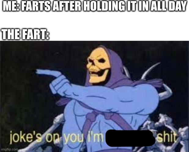 hahaha | ME: FARTS AFTER HOLDING IT IN ALL DAY; THE FART: | image tagged in jokes on you im into that shit,fart | made w/ Imgflip meme maker