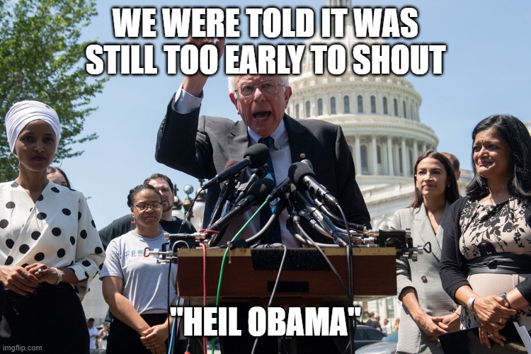 Bernie and the squad democratic socialism orwell | WE WERE TOLD IT WAS STILL TOO EARLY TO SHOUT "HEIL OBAMA" | image tagged in bernie and the squad democratic socialism orwell | made w/ Imgflip meme maker