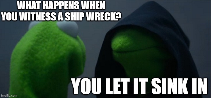 Evil Kermit | WHAT HAPPENS WHEN YOU WITNESS A SHIP WRECK? YOU LET IT SINK IN | image tagged in memes,evil kermit | made w/ Imgflip meme maker