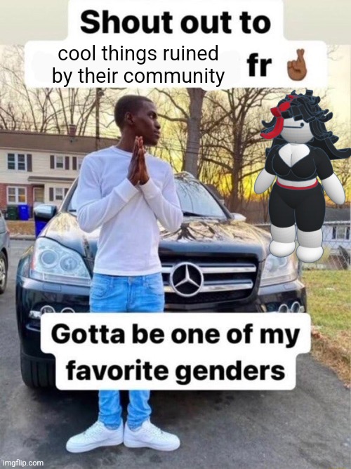 Shout out to.... Gotta be one of my favorite genders | cool things ruined by their community | image tagged in shout out to gotta be one of my favorite genders | made w/ Imgflip meme maker