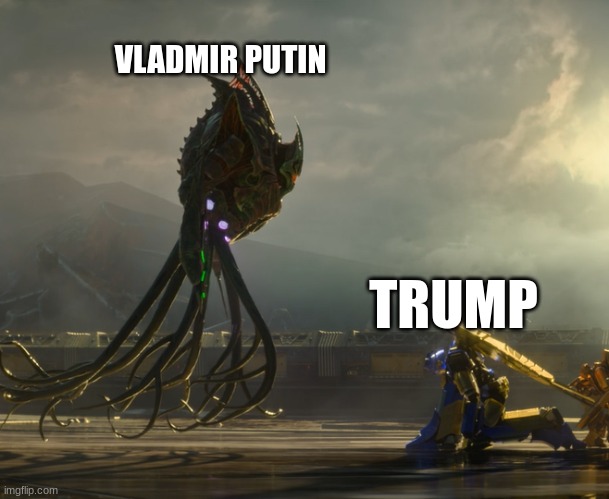 Sentinel Prime bowing to Quintesson leader | VLADIMIR PUTIN; TRUMP | image tagged in sentinel prime bowing to quintesson leader | made w/ Imgflip meme maker