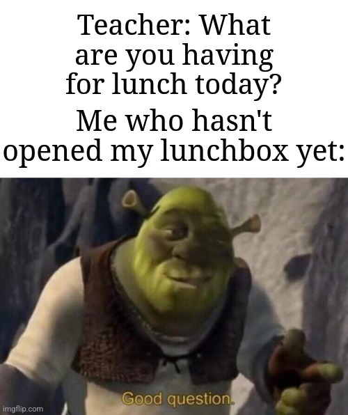 I won't even know until I open my lunchbox | Teacher: What are you having for lunch today? Me who hasn't opened my lunchbox yet: | image tagged in shrek good question,memes,funny,school,lunch,stop reading the tags | made w/ Imgflip meme maker