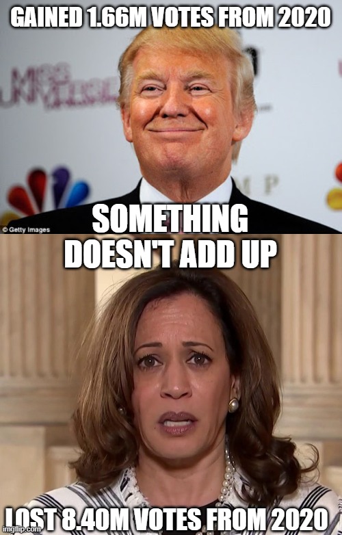 What could have happened in 2020? | GAINED 1.66M VOTES FROM 2020; SOMETHING DOESN'T ADD UP; LOST 8.40M VOTES FROM 2020 | image tagged in donald trump approves,kamala harris | made w/ Imgflip meme maker