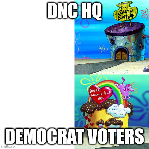 Salty Liberal Elites and Crying Small Fries this election season. | DNC HQ; DEMOCRAT VOTERS | image tagged in salty spitoon vs super weenie hut jr's | made w/ Imgflip meme maker