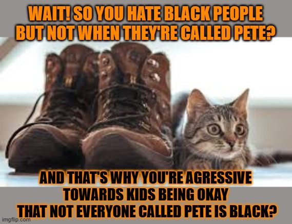 This #lolcat wonders why Dutch racists are so weird.    You think your racists are weird? Than you haven't met Dutch racists | WAIT! SO YOU HATE BLACK PEOPLE
BUT NOT WHEN THEY'RE CALLED PETE? AND THAT'S WHY YOU'RE AGRESSIVE 
TOWARDS KIDS BEING OKAY 
THAT NOT EVERYONE CALLED PETE IS BLACK? | image tagged in black pete,racism,sinterklaas,santa claus,dutch,lolcat | made w/ Imgflip meme maker