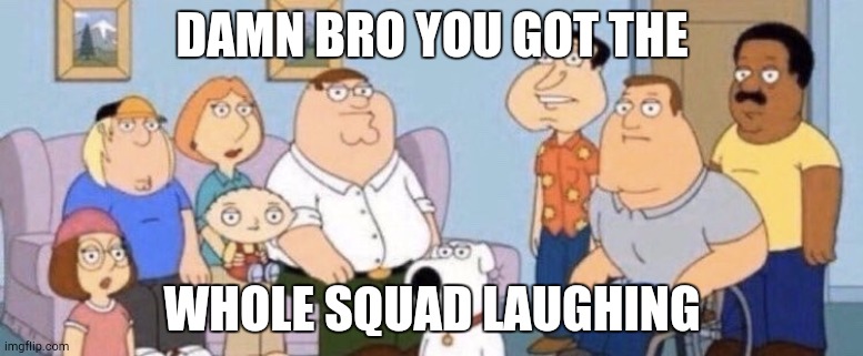 Damn bro you got the whole squad laughing | DAMN BRO YOU GOT THE WHOLE SQUAD LAUGHING | image tagged in damn bro you got the whole squad laughing | made w/ Imgflip meme maker