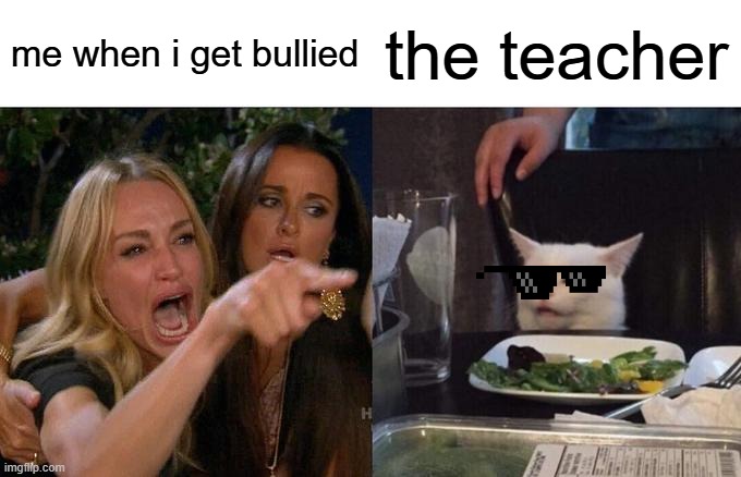 meme 5 | me when i get bullied; the teacher | image tagged in memes,woman yelling at cat | made w/ Imgflip meme maker