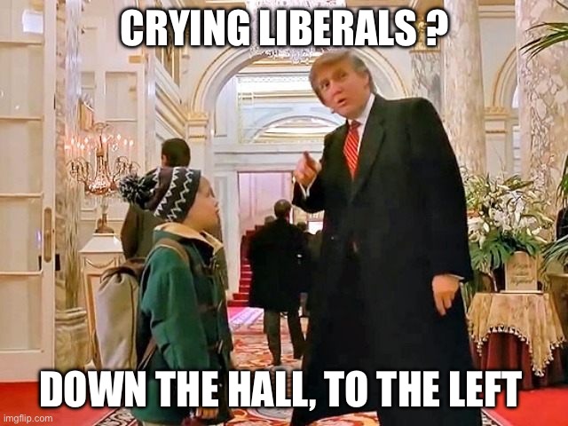 Donald Trump Plaza Hotel | CRYING LIBERALS ? DOWN THE HALL, TO THE LEFT | image tagged in donald trump plaza hotel,donald trump,politics,politics lol,liberals,political meme | made w/ Imgflip meme maker