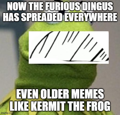 kermit the dingus | NOW THE FURIOUS DINGUS HAS SPREADED EVERYWHERE; EVEN OLDER MEMES LIKE KERMIT THE FROG | image tagged in kermit the frog,furious dingus,memes | made w/ Imgflip meme maker