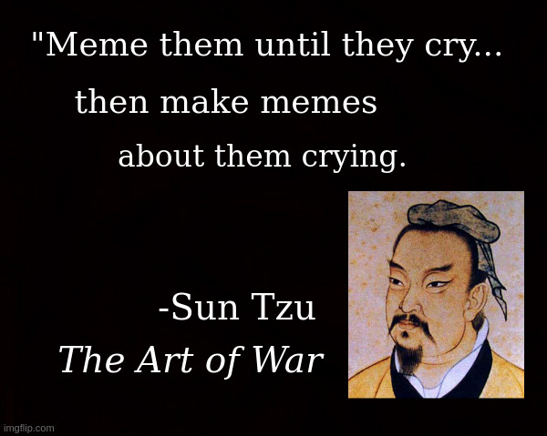 Sun Tzu Meme them until they cry | "Meme them until they cry... then make memes; about them crying. -Sun Tzu; The Art of War | image tagged in sun tzu,cry,meme them | made w/ Imgflip meme maker