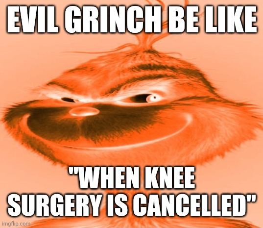 Blue Grinch | EVIL GRINCH BE LIKE; "WHEN KNEE SURGERY IS CANCELLED" | image tagged in blue grinch | made w/ Imgflip meme maker