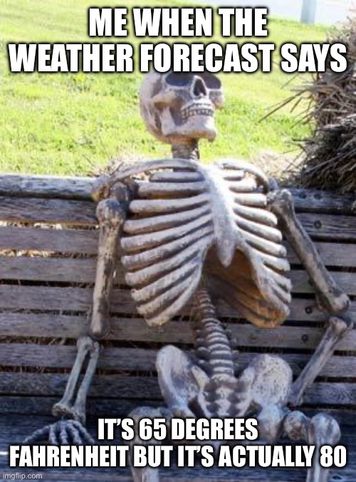 False information | ME WHEN THE WEATHER FORECAST SAYS; IT’S 65 DEGREES FAHRENHEIT BUT IT’S ACTUALLY 80 | image tagged in memes,waiting skeleton | made w/ Imgflip meme maker