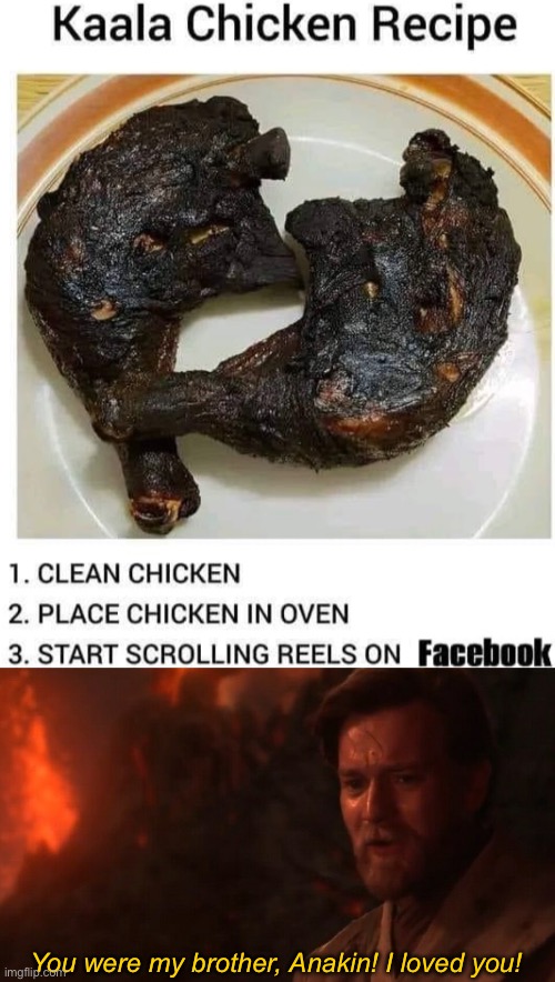 This chicken is so burnt a Jedi is screaming “I LOVED YOU” at it! | You were my brother, Anakin! I loved you! | image tagged in you were my brother anakin i loved you,star wars,burned,revenge of the sith | made w/ Imgflip meme maker