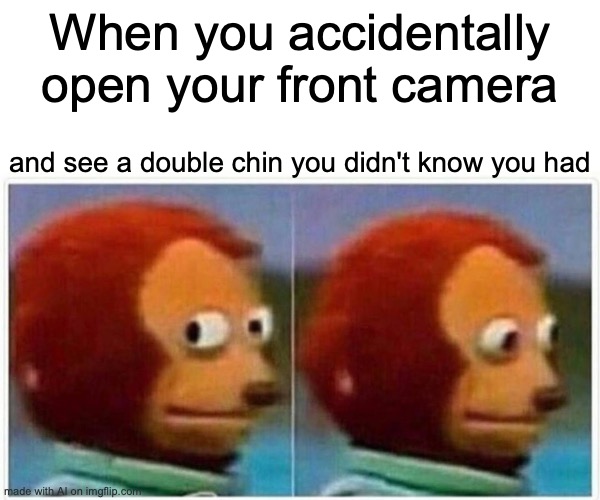 Monkey Puppet | When you accidentally open your front camera; and see a double chin you didn't know you had | image tagged in memes,monkey puppet | made w/ Imgflip meme maker