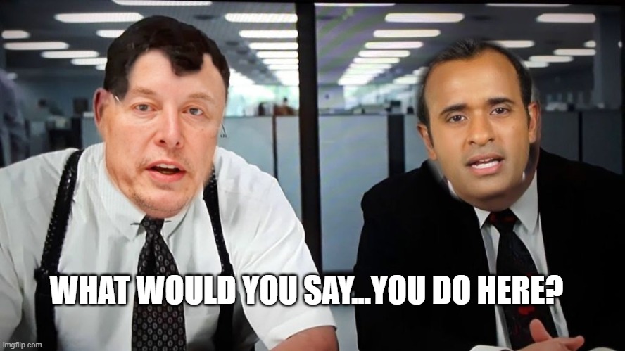 Elon & Vivek DOGE | WHAT WOULD YOU SAY...YOU DO HERE? | image tagged in elon vivek | made w/ Imgflip meme maker