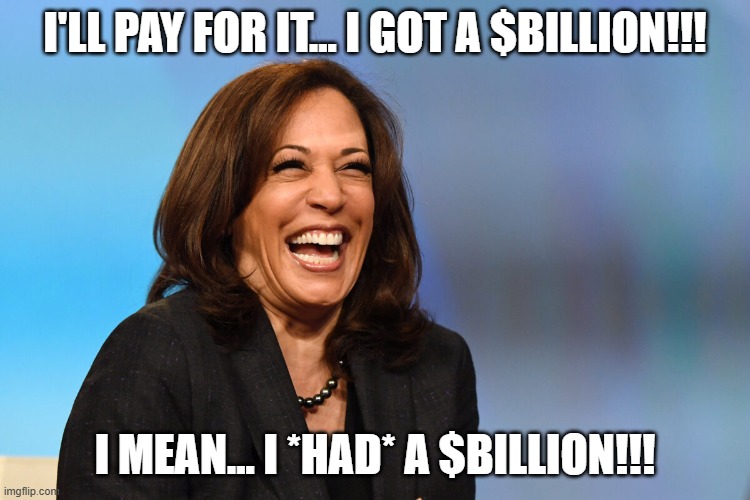 Kamala Harris laughing | I'LL PAY FOR IT... I GOT A $BILLION!!! I MEAN... I *HAD* A $BILLION!!! | image tagged in kamala harris laughing | made w/ Imgflip meme maker