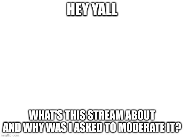 I am not complaining, I am very grateful for being asked to mod, but I still want to know | HEY YALL; WHAT'S THIS STREAM ABOUT AND WHY WAS I ASKED TO MODERATE IT? | made w/ Imgflip meme maker