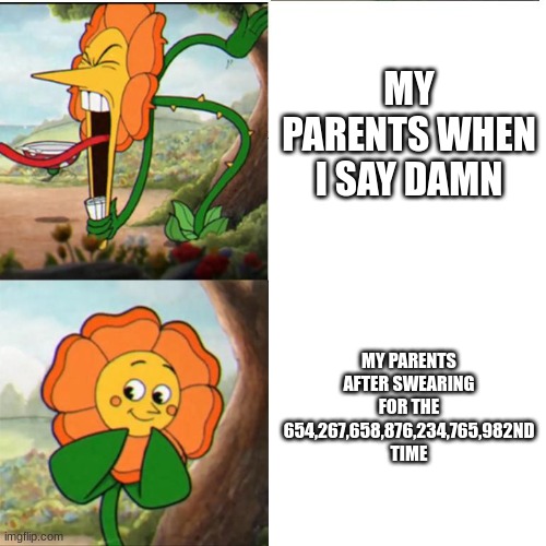 Cuphead Flower | MY PARENTS WHEN I SAY DAMN; MY PARENTS AFTER SWEARING FOR THE 654,267,658,876,234,765,982ND TIME | image tagged in cuphead flower | made w/ Imgflip meme maker