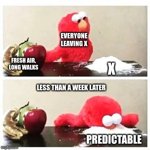 elmo cocaine | EVERYONE LEAVING X; X; FRESH AIR, LONG WALKS; LESS THAN A WEEK LATER; PREDICTABLE | image tagged in elmo cocaine | made w/ Imgflip meme maker