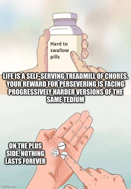 Hard To Swallow Pills Meme | LIFE IS A SELF-SERVING TREADMILL OF CHORES.
YOUR REWARD FOR PERSEVERING IS FACING
PROGRESSIVELY HARDER VERSIONS OF THE
SAME TEDIUM; ON THE PLUS SIDE, NOTHING LASTS FOREVER | image tagged in memes,hard to swallow pills | made w/ Imgflip meme maker