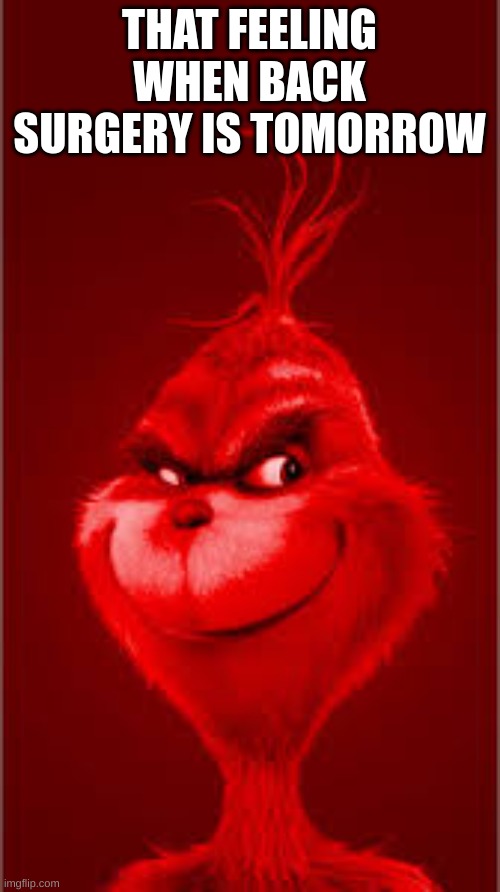 Red Grinch | THAT FEELING WHEN BACK SURGERY IS TOMORROW | image tagged in red grinch | made w/ Imgflip meme maker